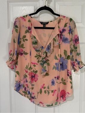 Ralph Lauren Peach Floral Ruffle V-Neck Top